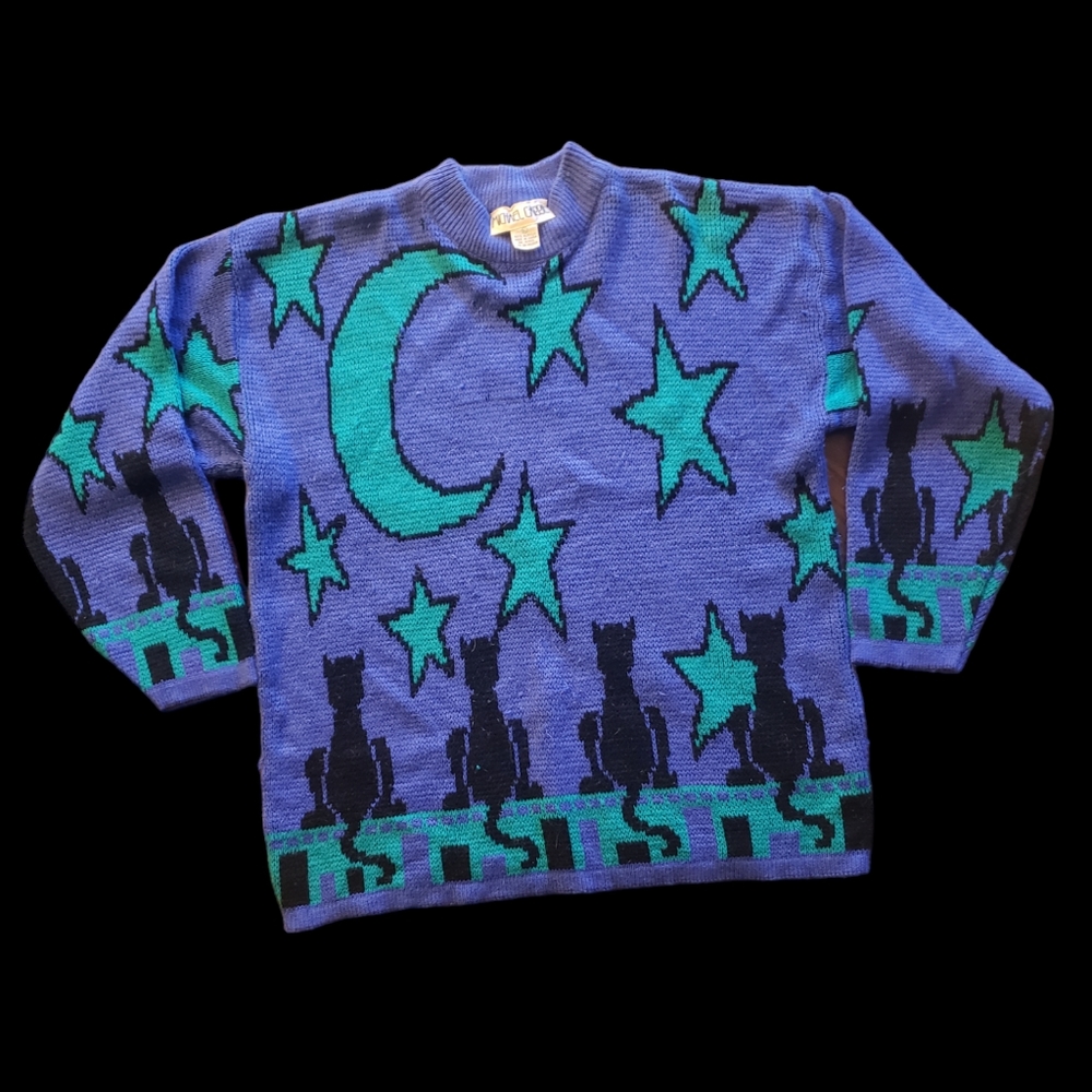 Vintage Michael Carrie Cat Night Sky Sweater Size Large